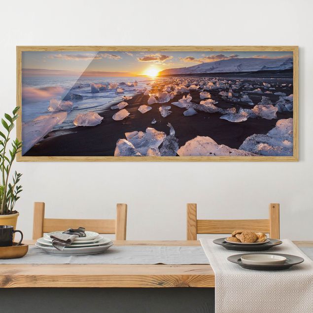 Poster con cornice - Pezzi Di Ghiaccio Sulla Spiaggia Islanda - Panorama formato orizzontale