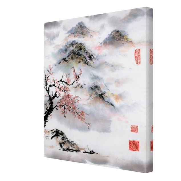 Stampa su tela - Giapponese disegno ad acquerello Ciliegio E Montagne - Verticale 4:3
