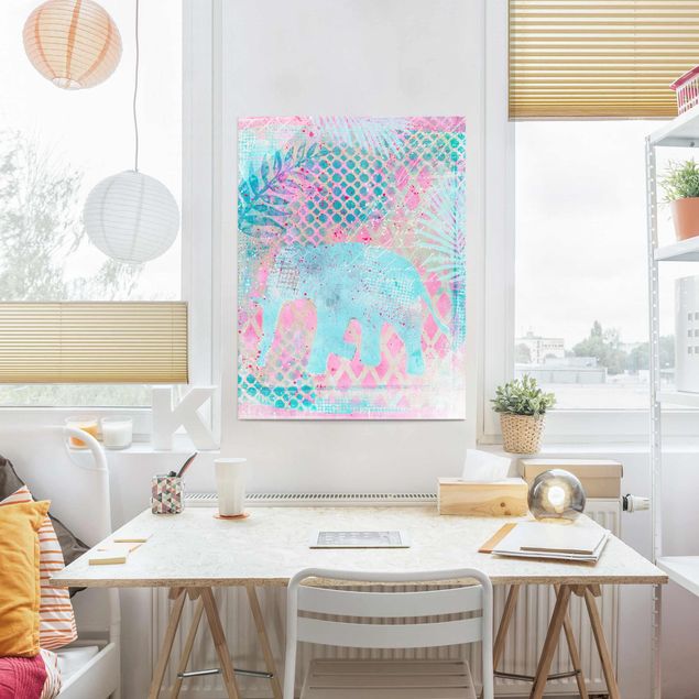 Quadro in vetro - Colorato collage - Elefante in blu e rosa - Verticale 4:3