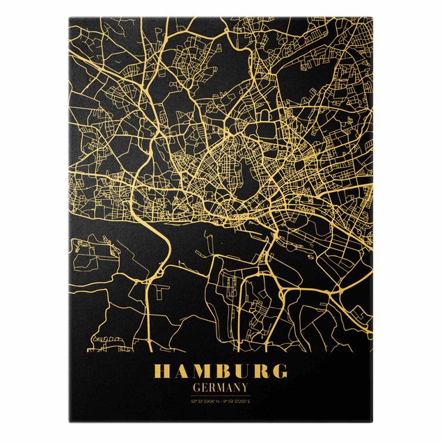 Quadro su tela oro - Pianta della città Amburgo - Classico nero