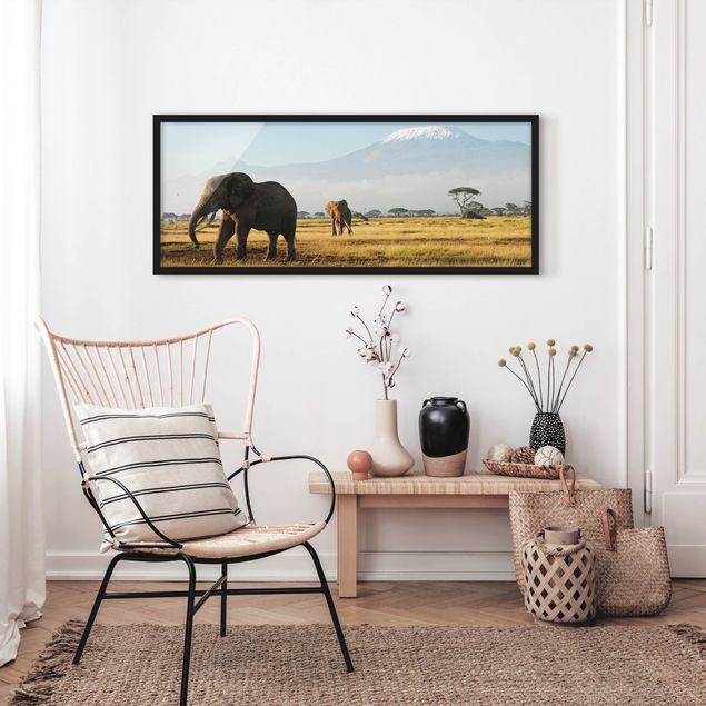 Poster con cornice - Elefanti Davanti Al Kilimanjaro In Kenya - Panorama formato orizzontale