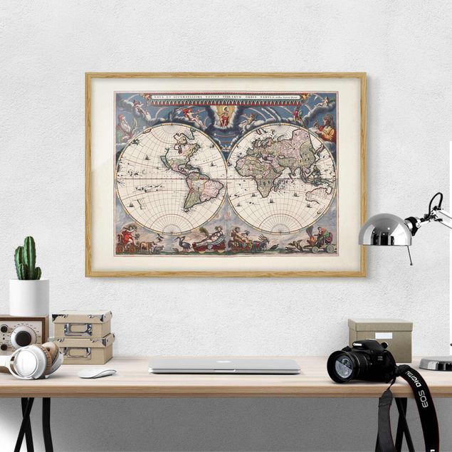Poster con cornice - Storico Mappa del mondo Nova et Accuratissima del 1664 - Orizzontale 3:4