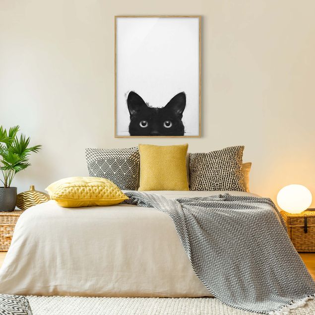 Poster con cornice - Illustrazione pittura Gatto nero su bianco - Verticale 4:3