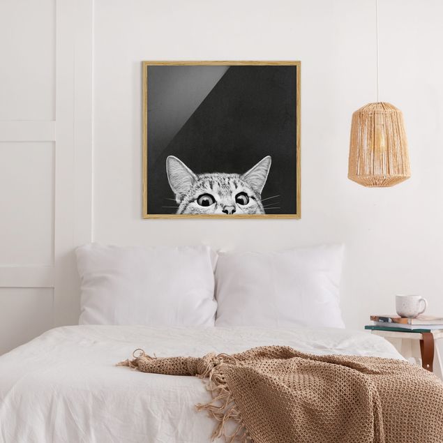 Poster con cornice - Illustrazione Gatto Bianco e nero Disegno - Quadrato 1:1