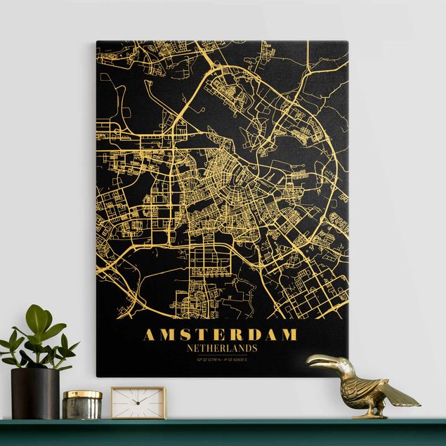 Stampe su tela oro Mappa della città di Amsterdam - Nero classico