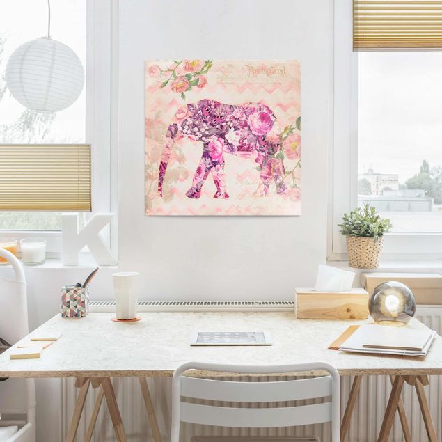 Lavagna magnetica in vetro Collage vintage - Fiori rosa elefante