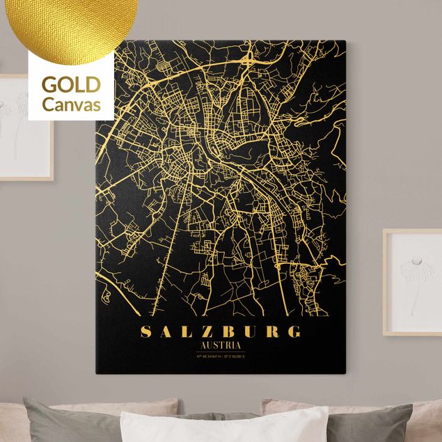 Tela mappamondo Mappa di Salisburgo - Nero classico