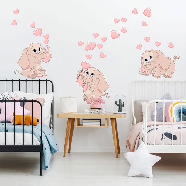 Adesivo murale - Tre bambini di elefante rosa con cuori