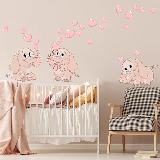 Adesivo murale - Tre bambini di elefante rosa con cuori