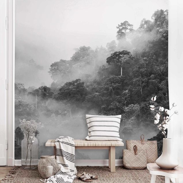 carta da parati effetto giungla Giungla nella nebbia in bianco e nero