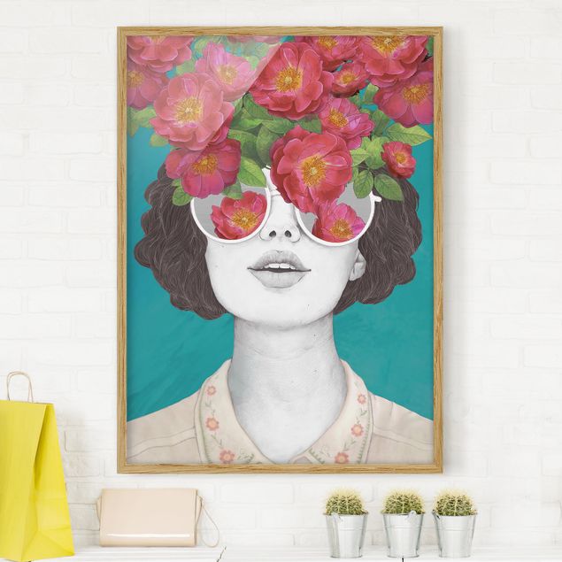 Poster con cornice - Illustrazione Collage del ritratto della donna con i fiori Occhiali - Verticale 4:3