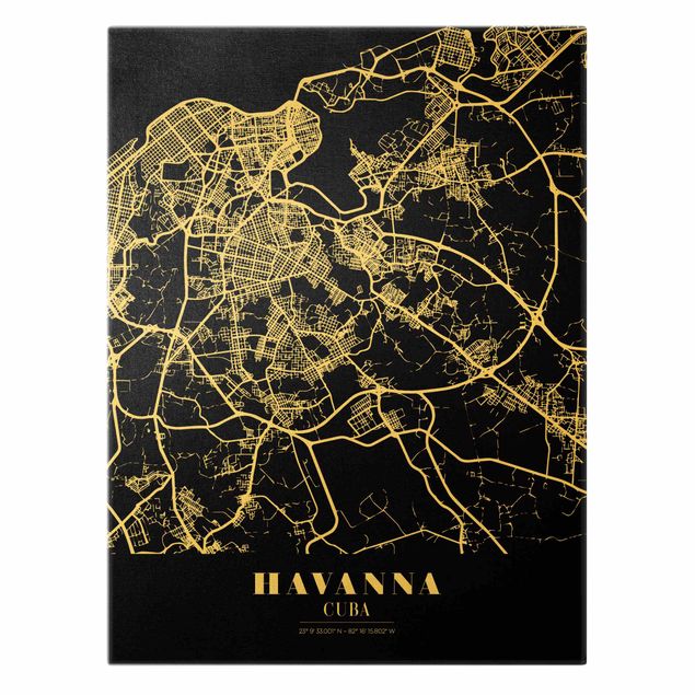 Quadro su tela oro - Pianta della città L'Avana - Classico nero