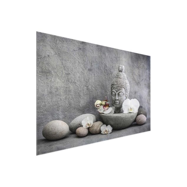 Quadro in vetro - Zen Buddha, orchidee e pietre - Orizzontale 2:3