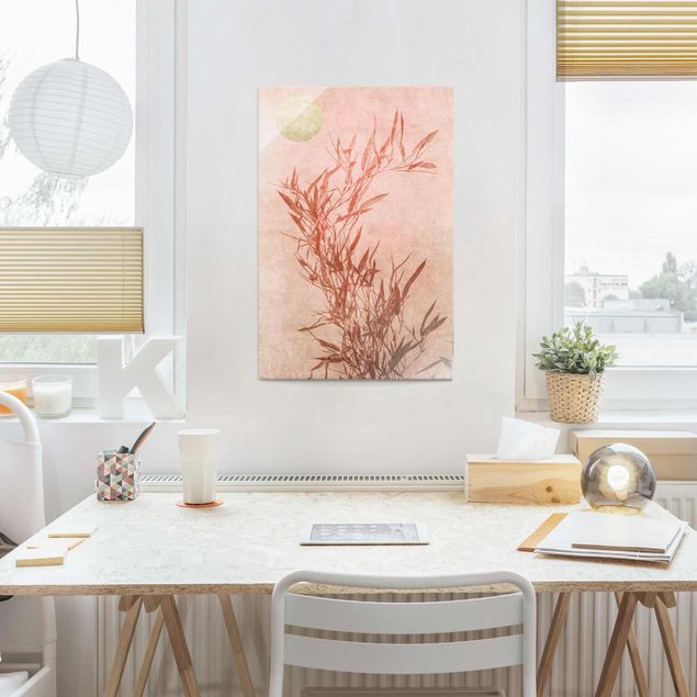Quadro in vetro - Sole dorato con bambù rosa - Verticale 3:2