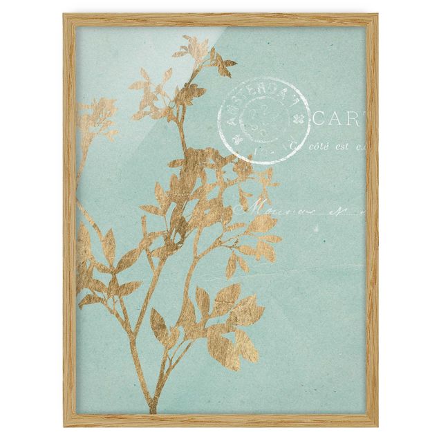 Poster con cornice - Foglie D'Oro Su Turquoise I - Verticale 4:3