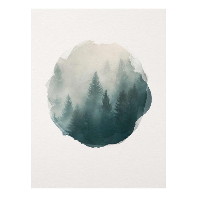 Quadro in vetro - Acquarelli - foreste di conifere in caso di nebbia - Verticale 4:3