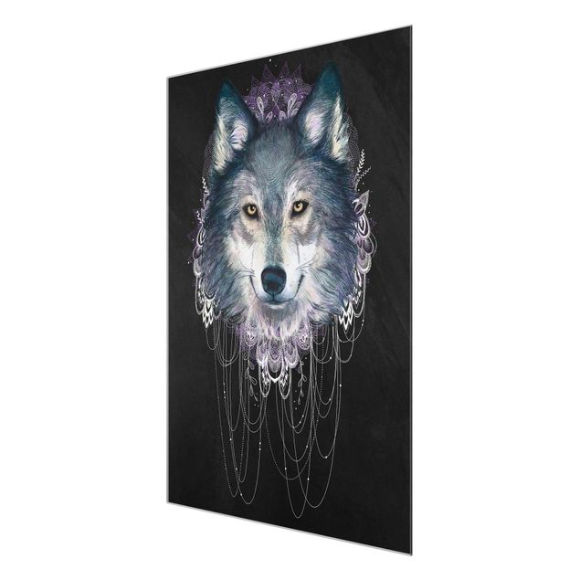 Quadro in vetro - Illustrazione del lupo Boho Dreamcatcher nero - Verticale 4:3