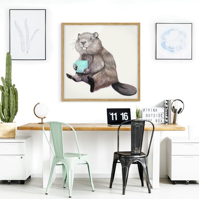 Poster con cornice - Illustrazione Beaver con tazza di caffè - Quadrato 1:1