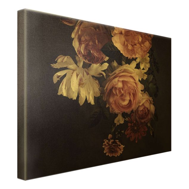 Quadro su tela oro - Rose su sfondo nero vintage