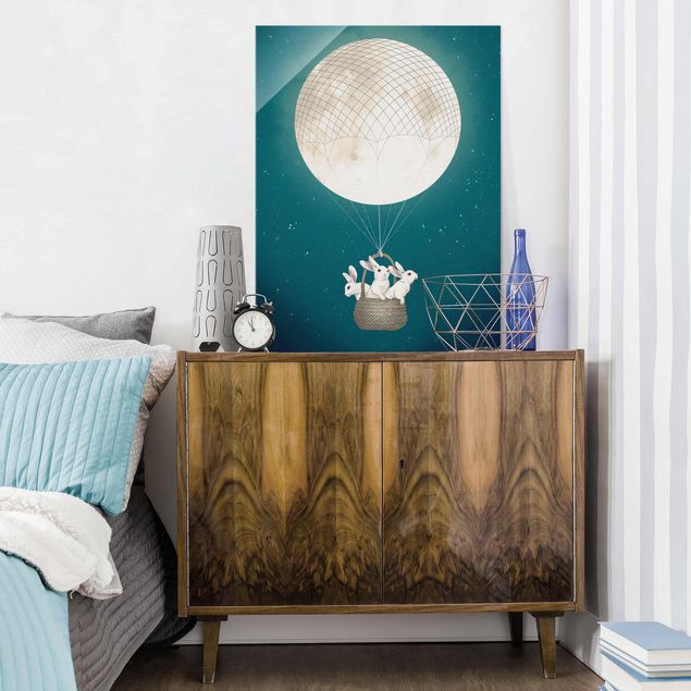 Lavagna magnetica vetro Illustrazione - Conigli e luna come mongolfiera cielo stellato