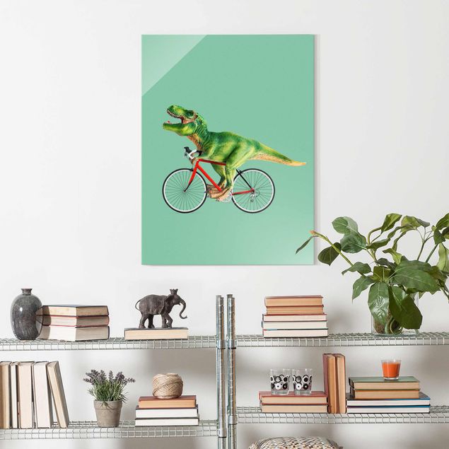 Lavagna magnetica in vetro Dinosauro con bicicletta