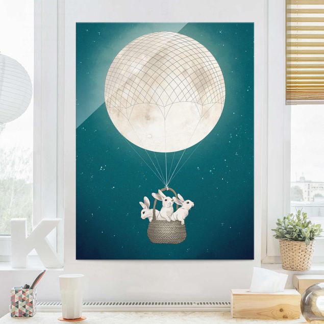 Quadro in vetro - Illustrazione Hare Balloon Luna cielo stellato - Verticale 4:3
