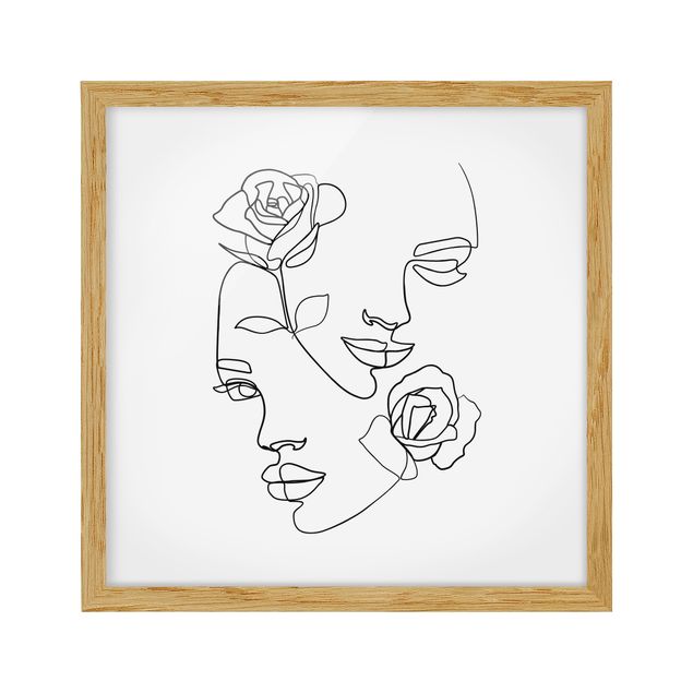 Poster con cornice - Line Art Faces donne Roses Bianco e nero - Quadrato 1:1