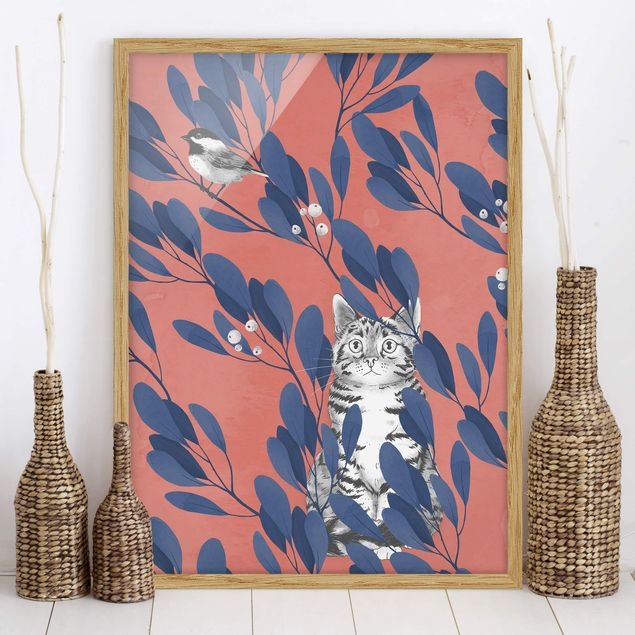quadri con animali Illustrazione - Gatto e uccello su ramo blu rosso