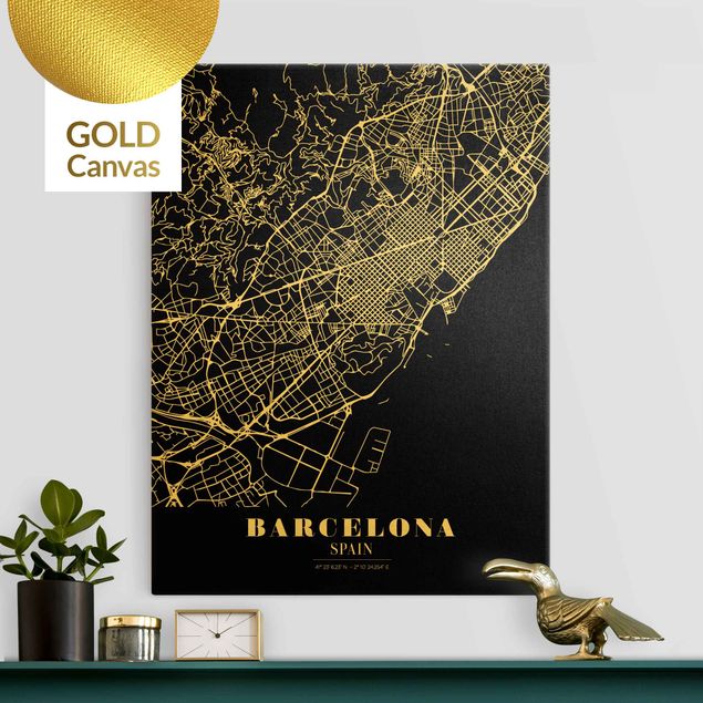 Stampa su tela bianco e nero Mappa della città di Barcellona - Nero classico