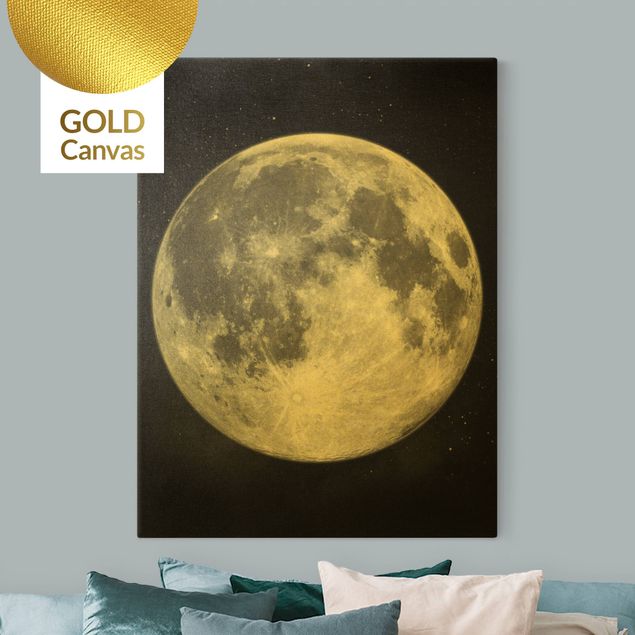 Quadro su tela oro - Luna piena nel cielo stellato in bianco e nero