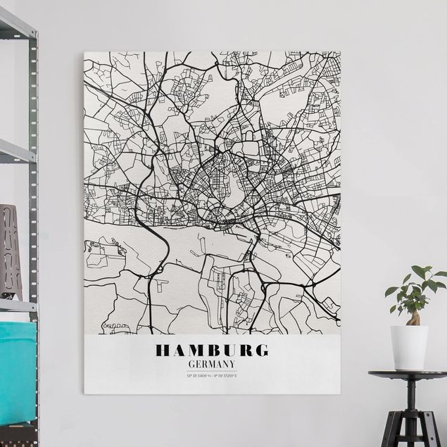 Stampe su tela bianco e nero Mappa di Amburgo - Classica