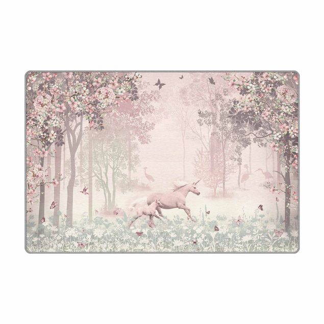 Tappeti  - Unicorno su prato fiorito in rosa