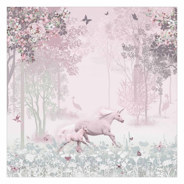 Carta da parati  - Unicorno su prato fiorito in rosa