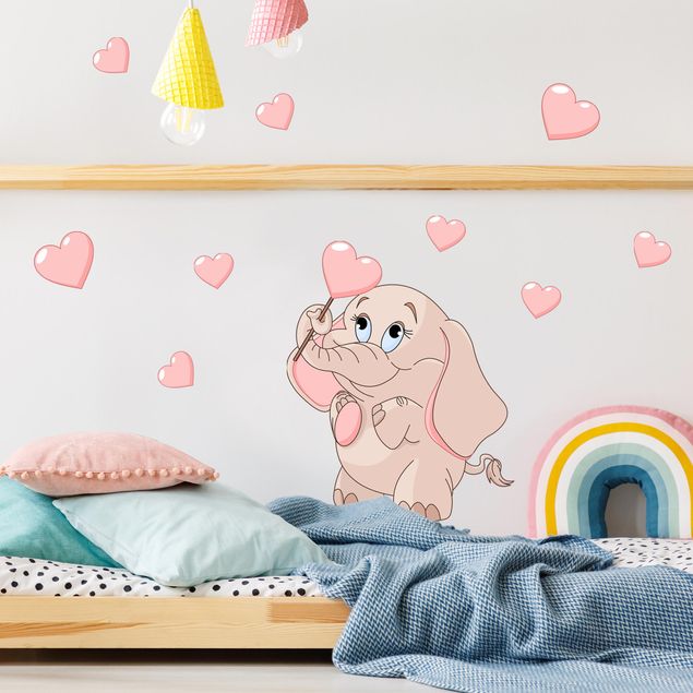 Adesivo murale - Bambino elefante con cuori rosa