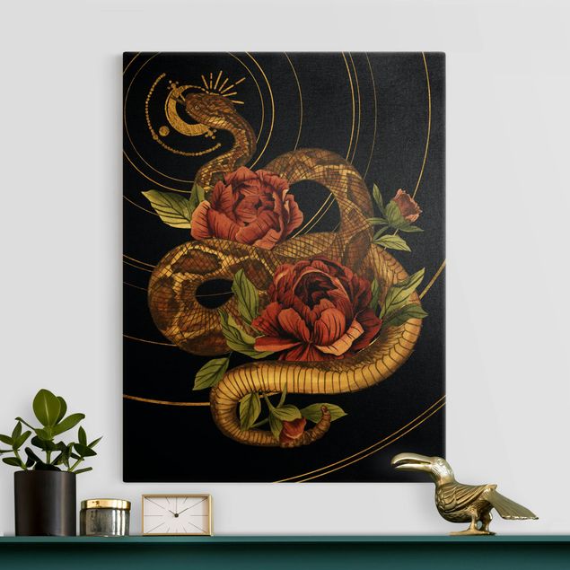 Quadri animali Serpente con rose nero e oro I