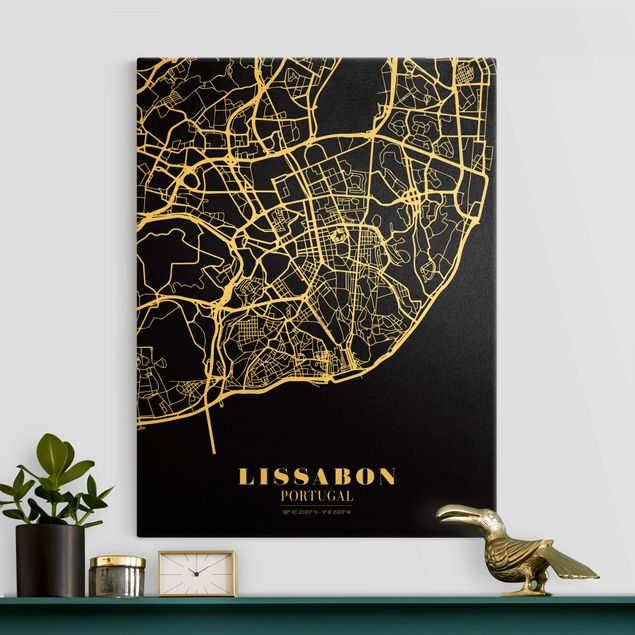 Stampa su tela oro Mappa di Lisbona - Nero classico