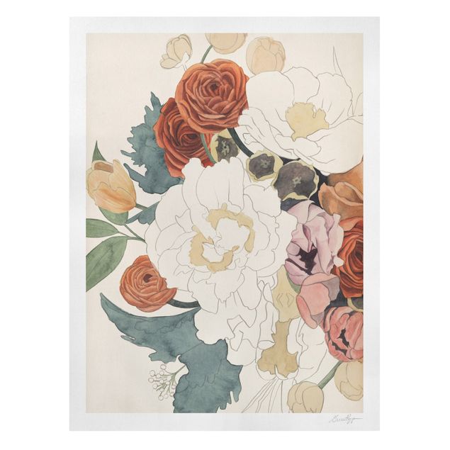 Stampe su tela Disegno di bouquet di fiori in rosso e seppia