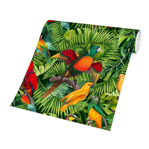 Carta da parati  - Collage colorato - Pappagalli nella giungla