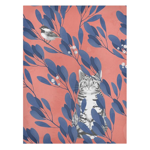 Riproduzione quadri su tela Illustrazione - Gatto e uccello su ramo blu rosso