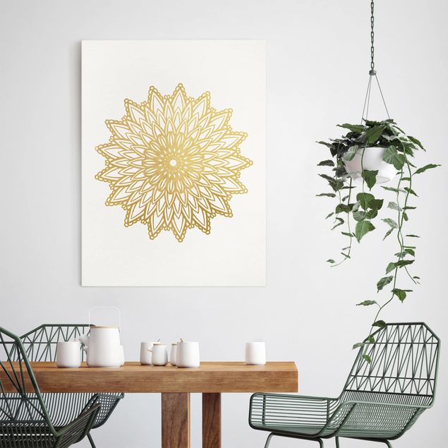Quadri moderni per soggiorno Mandala Sole Illustrazione Oro Bianco