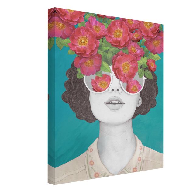 Quadri su tela Illustrazione - Ritratto di Donna - Collage con Fiori Occhiali