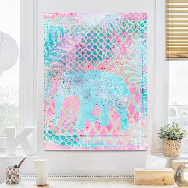 quadri con animali Collage colorato - Elefante in blu e rosa