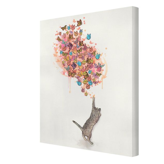 Quadro su tela animali Illustrazione - Gatto con farfalle colorate pittura
