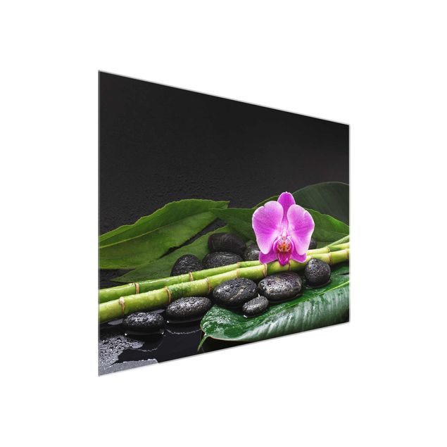 Quadro in vetro - Green Bamboo Con L'orchidea Blossom - Orizzontale 3:4