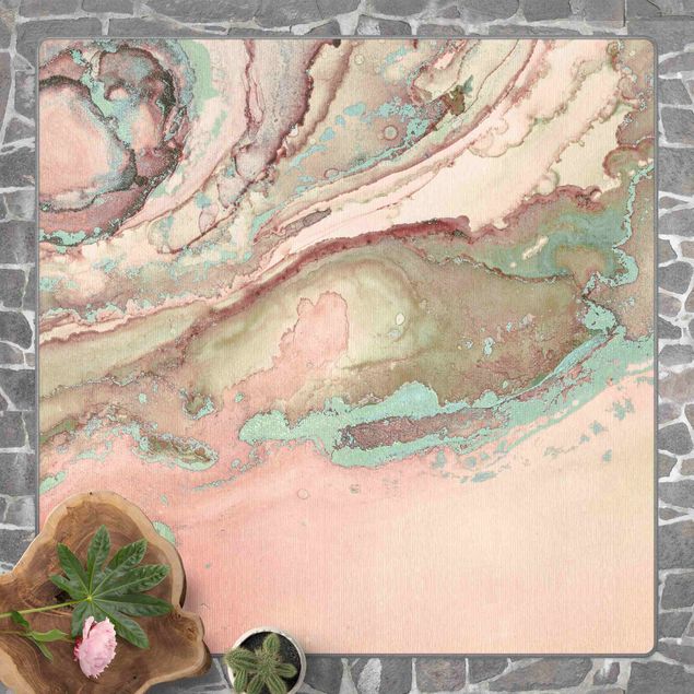 Tappeto moderno astratto Esperimenti di colore marmo rosa e turchese