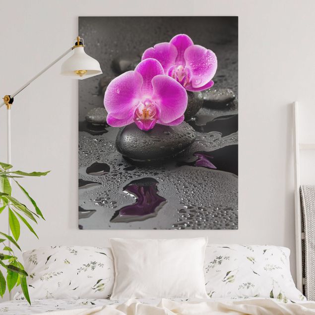 Quadri su tela con orchidee Fiore di orchidea rosa su pietra con gocce