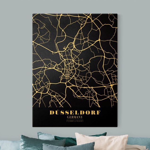 Quadri moderni per soggiorno Mappa della città di Dusseldorf - Nero classico