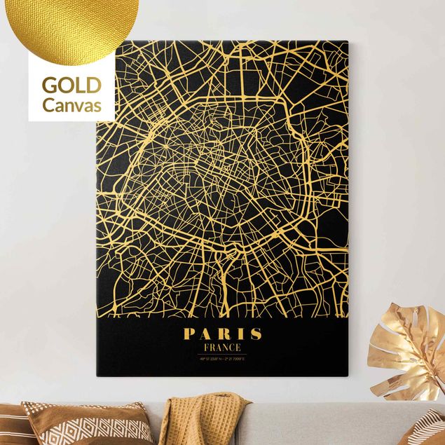 Stampe su tela oro Mappa di Parigi - Nero classico