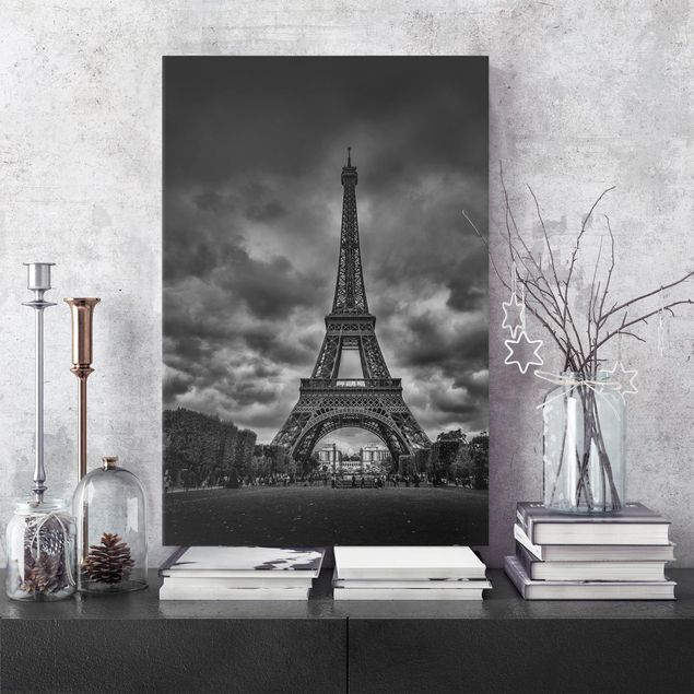 Stampe su tela parigi Torre Eiffel davanti alle nuvole in bianco e nero