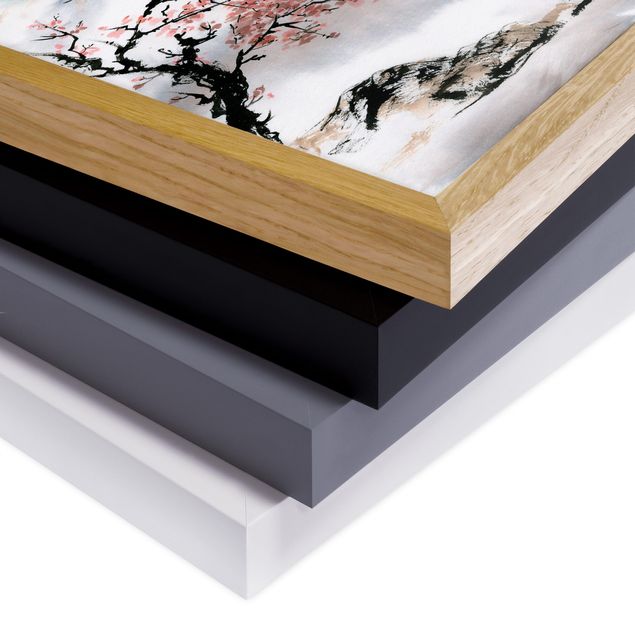 Poster con cornice - Giapponese disegno ad acquerello Ciliegio E Montagne - Verticale 4:3